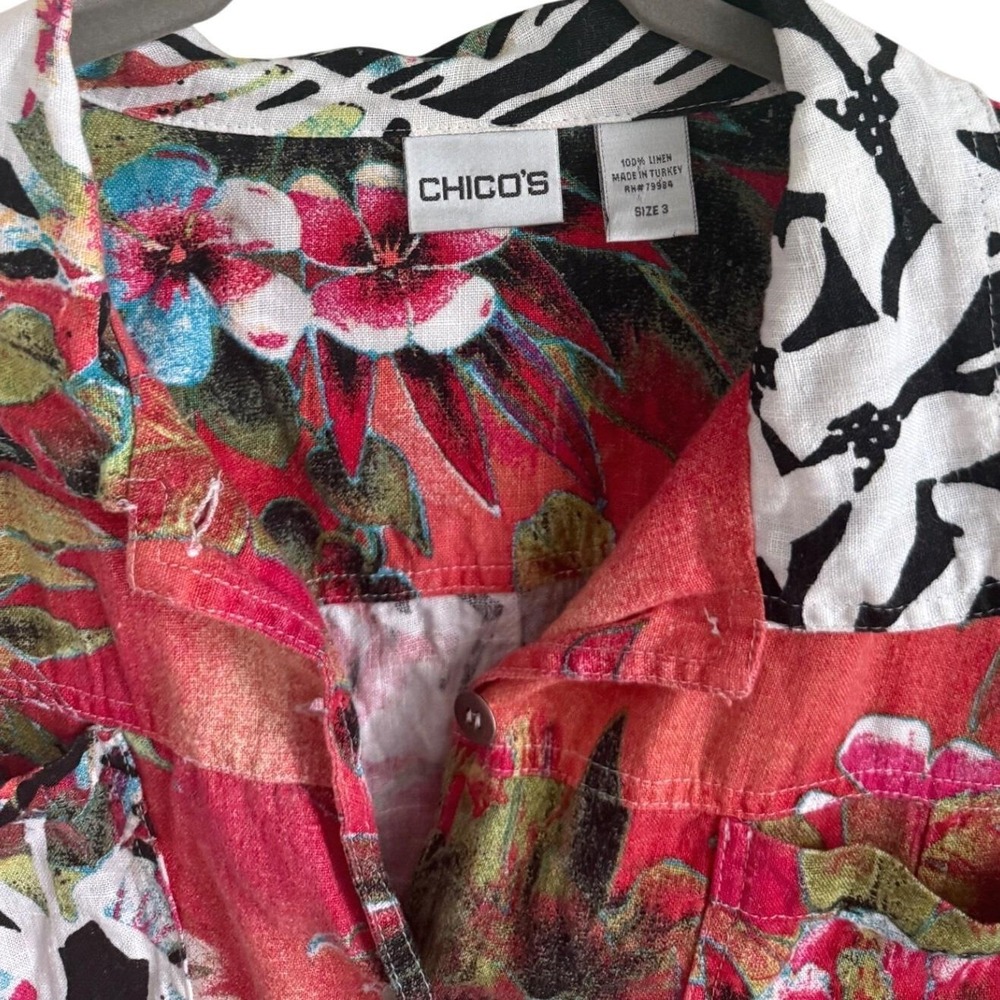 Vintage Chico's 100% Linen Tropical Floral Shirt Maximalist Dopamine‎ Dressing - Picture 5 of 6